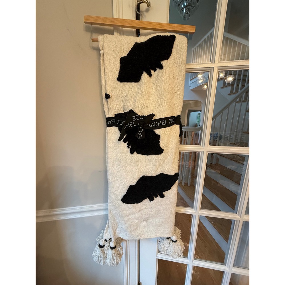 Rachel Zoe Decorative Throw Blanket Cream Black Faux Fur Animal Print Tassels